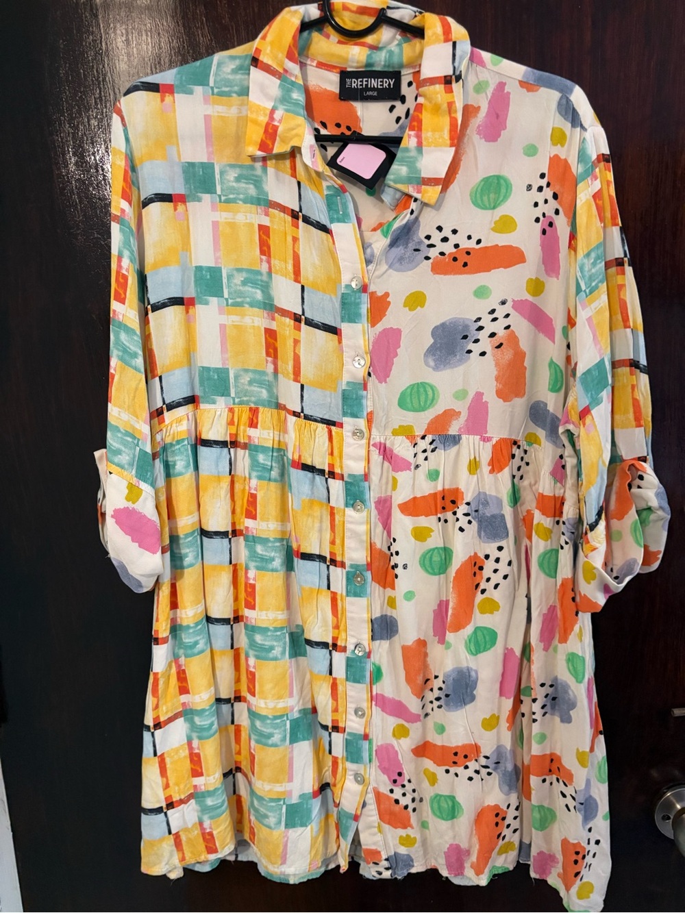 Bundle 3 for $15. Refinery Colorblock Mixed-Print Button-Down Shirt. Size Large.